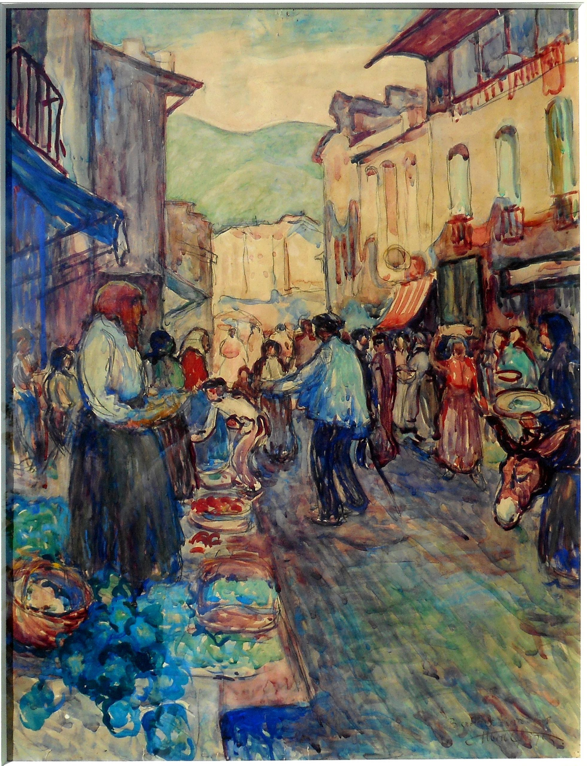 ALBERT GLEIZES aq 65x50cm marché à bagneres de bigorre 1908