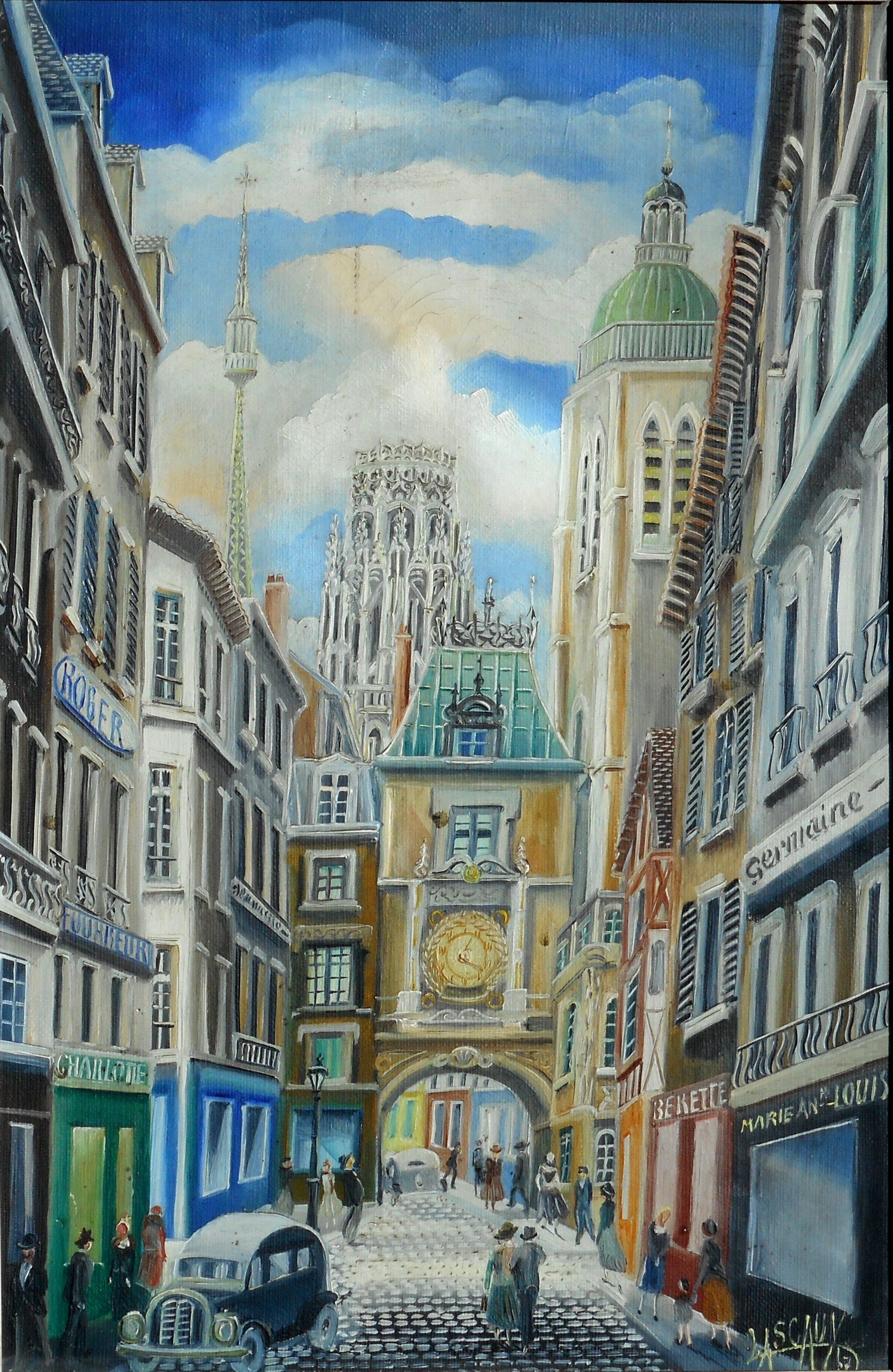 ELIE LASCAUX hst 41x27cm 1937 ROUEN rue du gros horloge