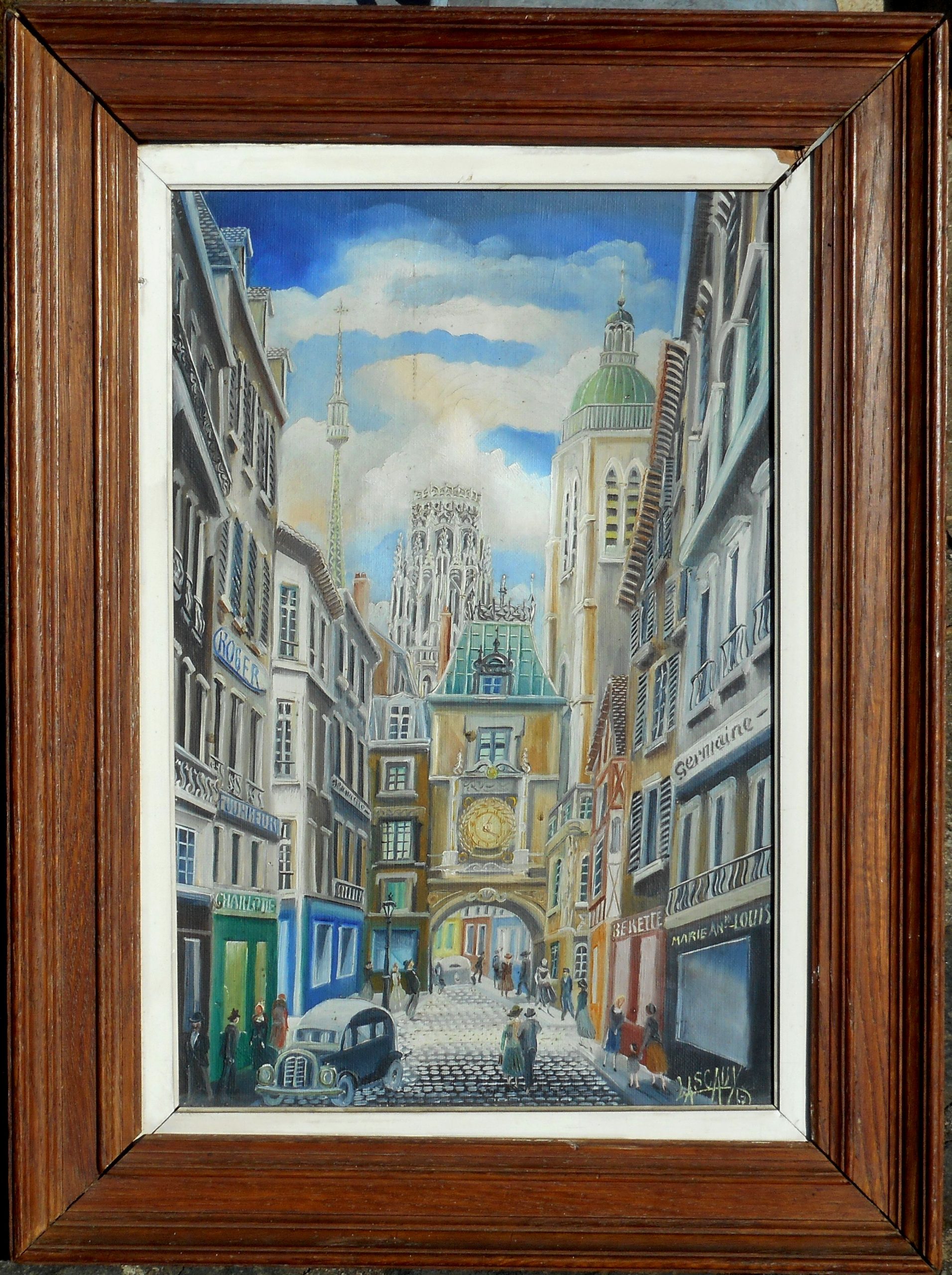 ELIE LASCAUX hst 41x27cm ( 54x40cm enc) 1937 ROUEN rue du gros horloge