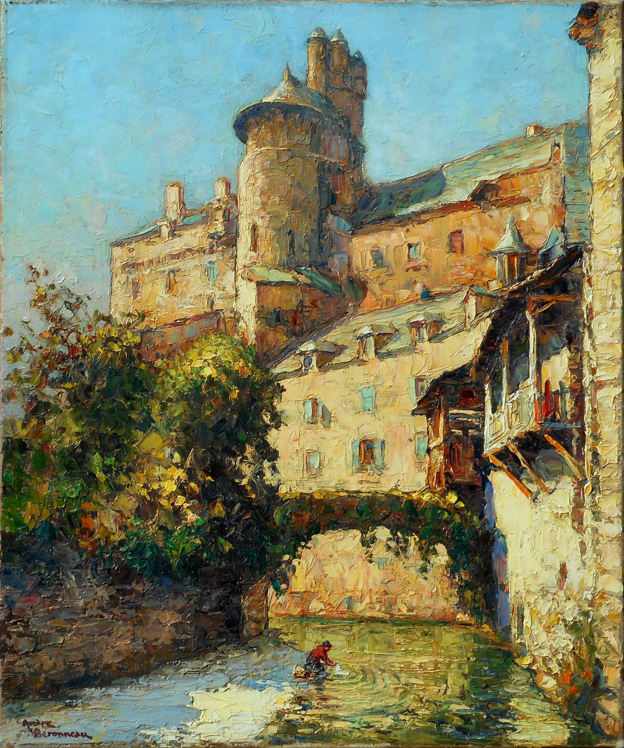 André BERONNEAU hst 55x46cm ESTAING - AVEYRON- passerelle et château 1929