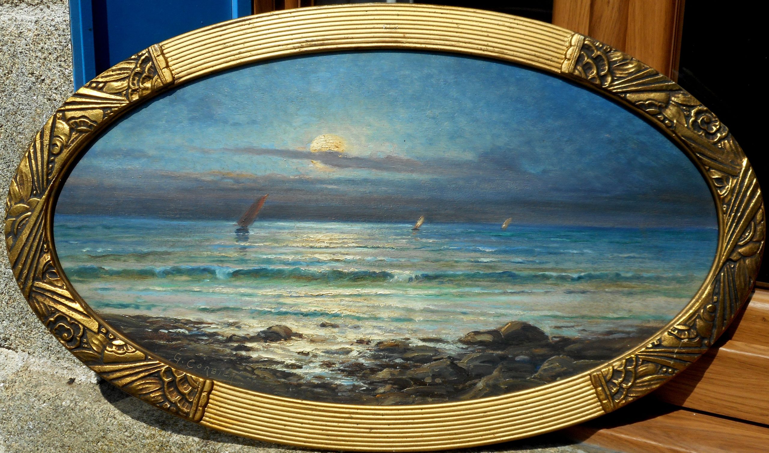 GASTON CORBIER hsp 32,5x60cm (40x67cm enc) crépuscule en mer contresignée au dos
