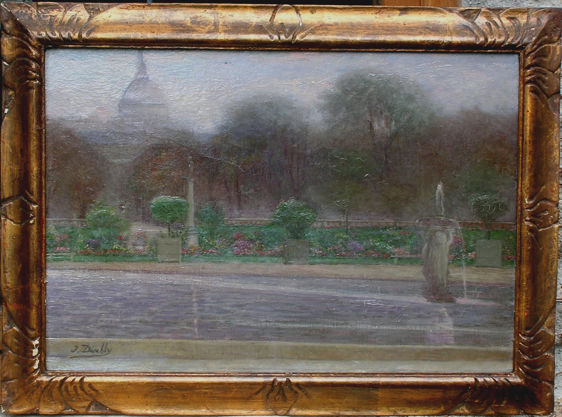 IRENE DESCHLY HST 38x55cm jardin du LUXEMBOURG et L'INSTITUT au loin