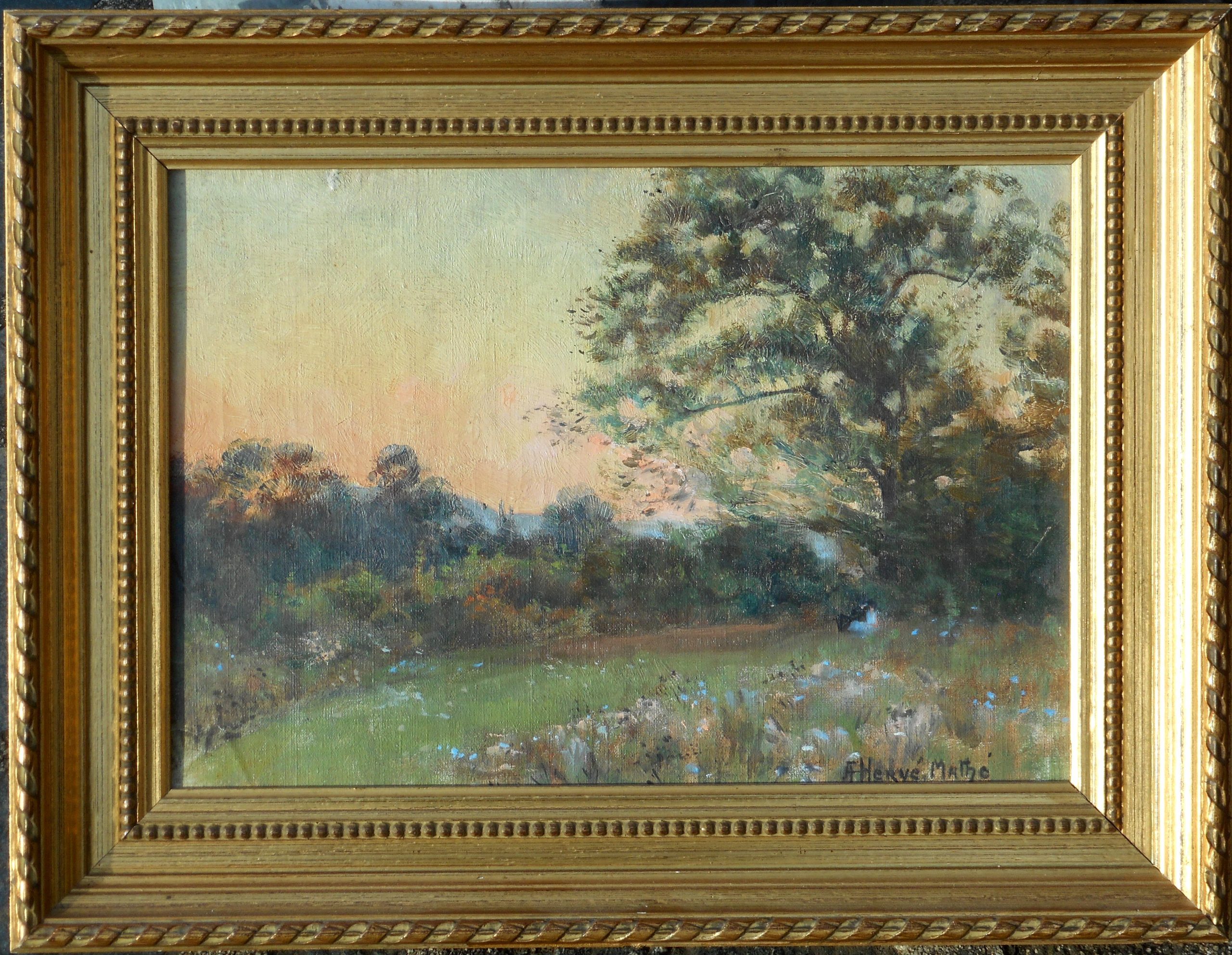 JULES Hervé Mathé hst 24 x 34 cm (33 x 43 cm enc) la soirée dans les prés (Sarthe)