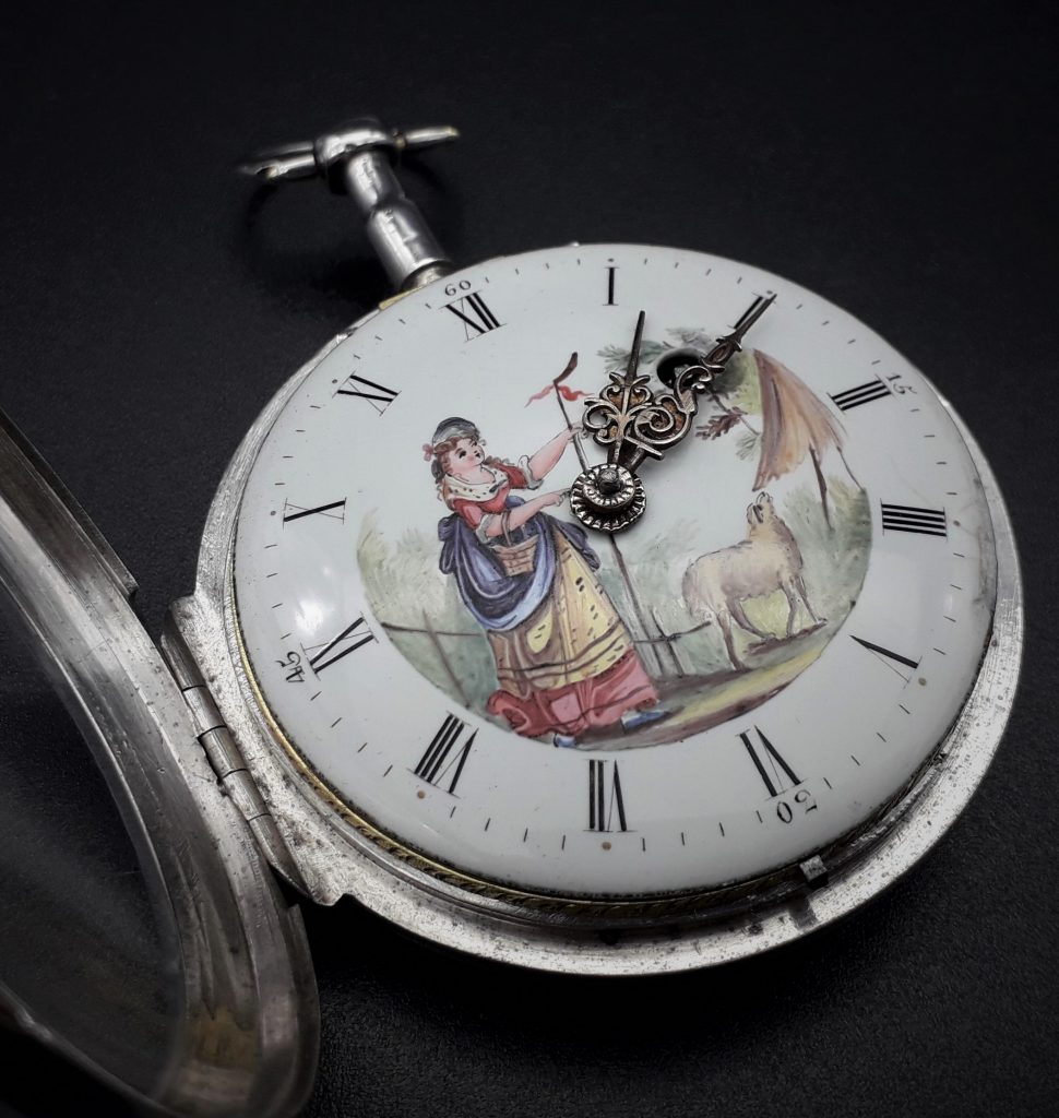 Montre Gousset Ancienne Coq Cadran Peint - Argent Massif, Années 1850, Révisée