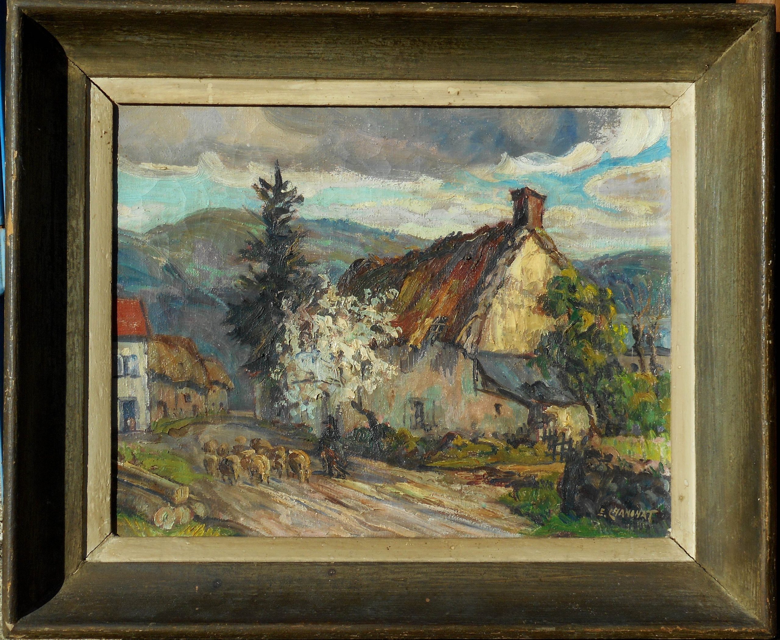 ERNEST CHANONAT hst 27 x 35 cm (37 x 45 cm enc) chaumière à PRANAL ds les gorges de la SIOULE