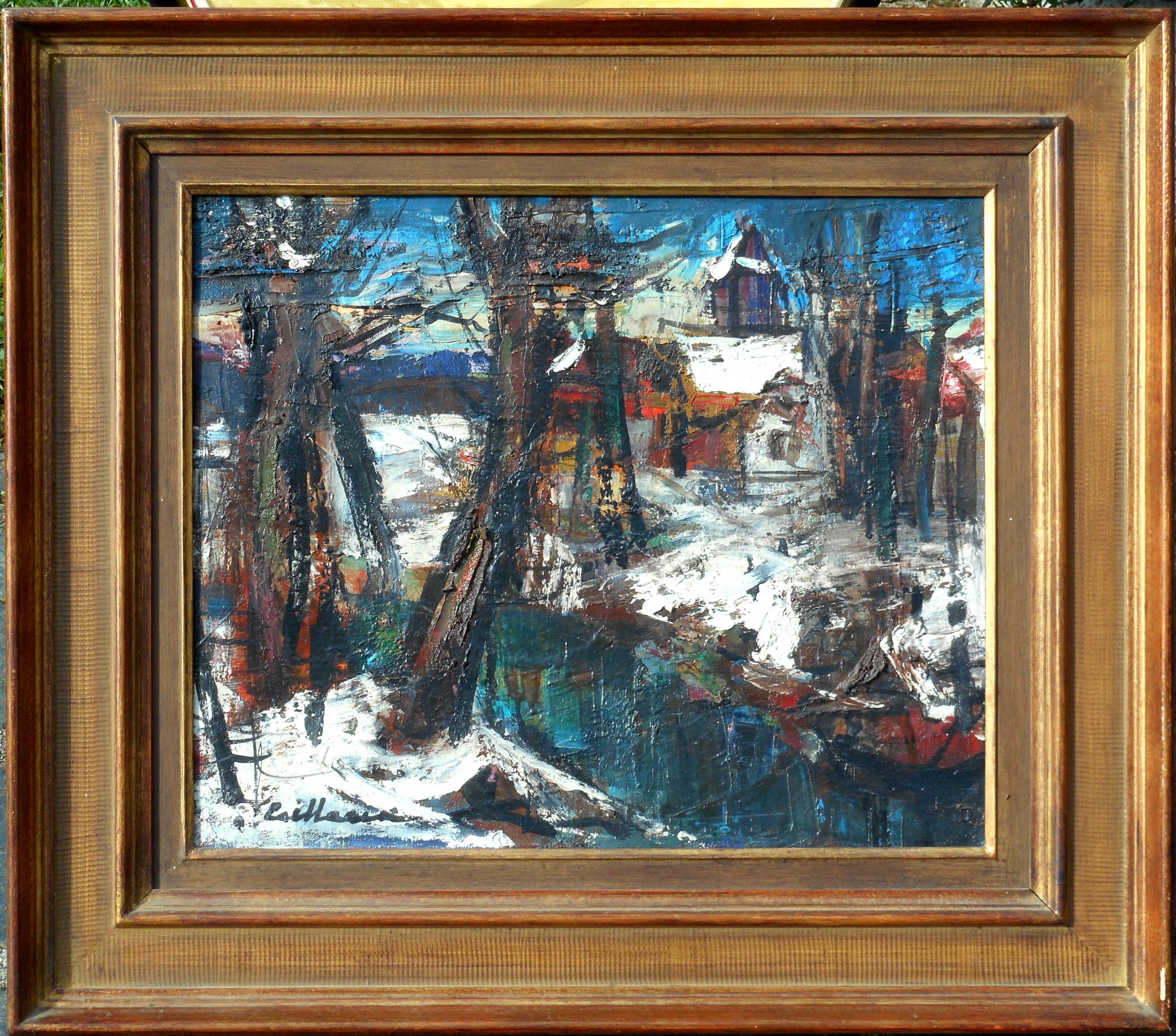 RODOLPHE CAILLAUX hst 38 x 46 cm ( 58 x 66 cm enc) rivière sous la neige 1973