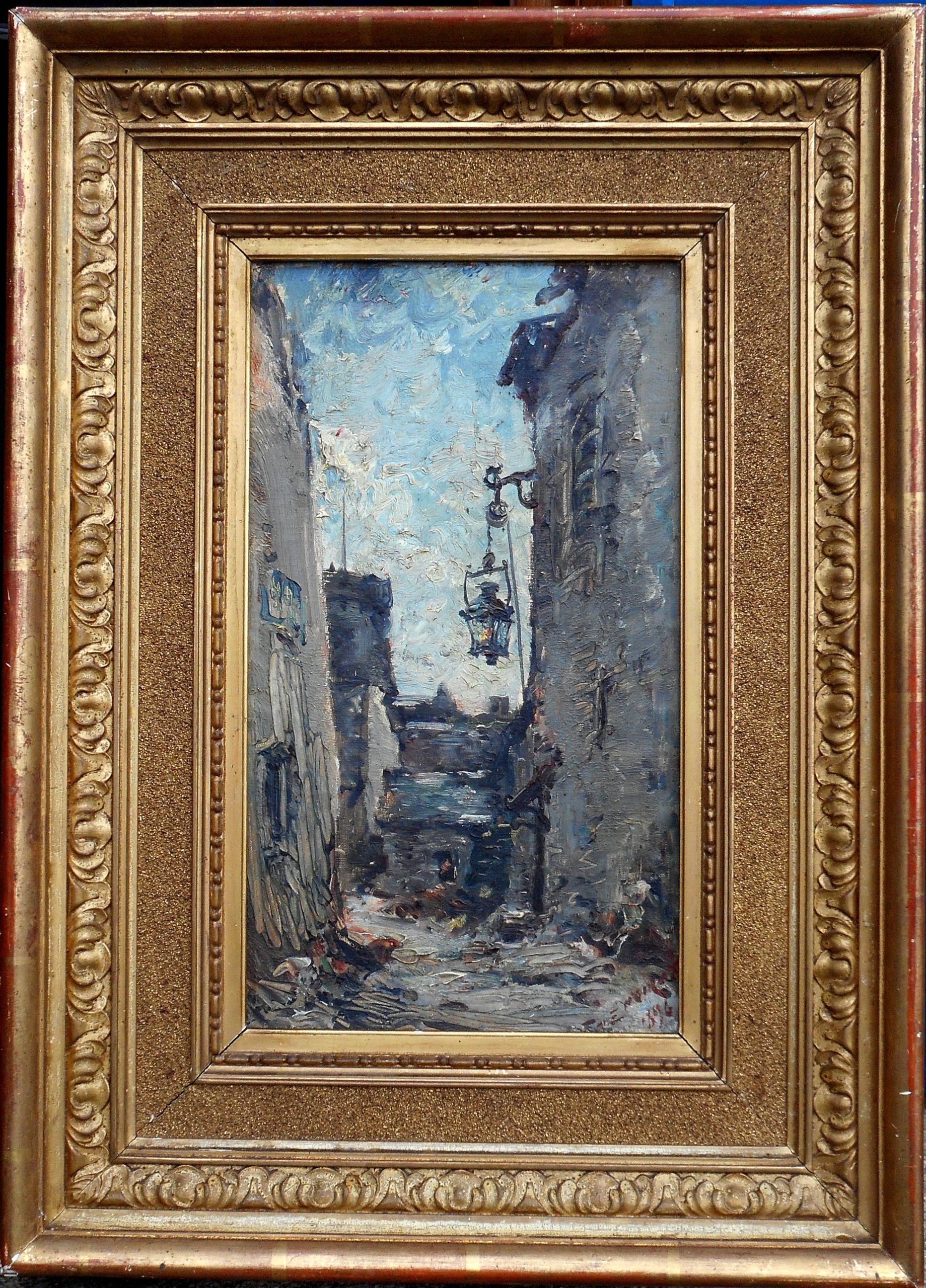 EMILE NOIROT hst 33 x 19 cm (52 x 38 cm enc) rue à BRICQUEBEC en contentin 1896(MANCHE)