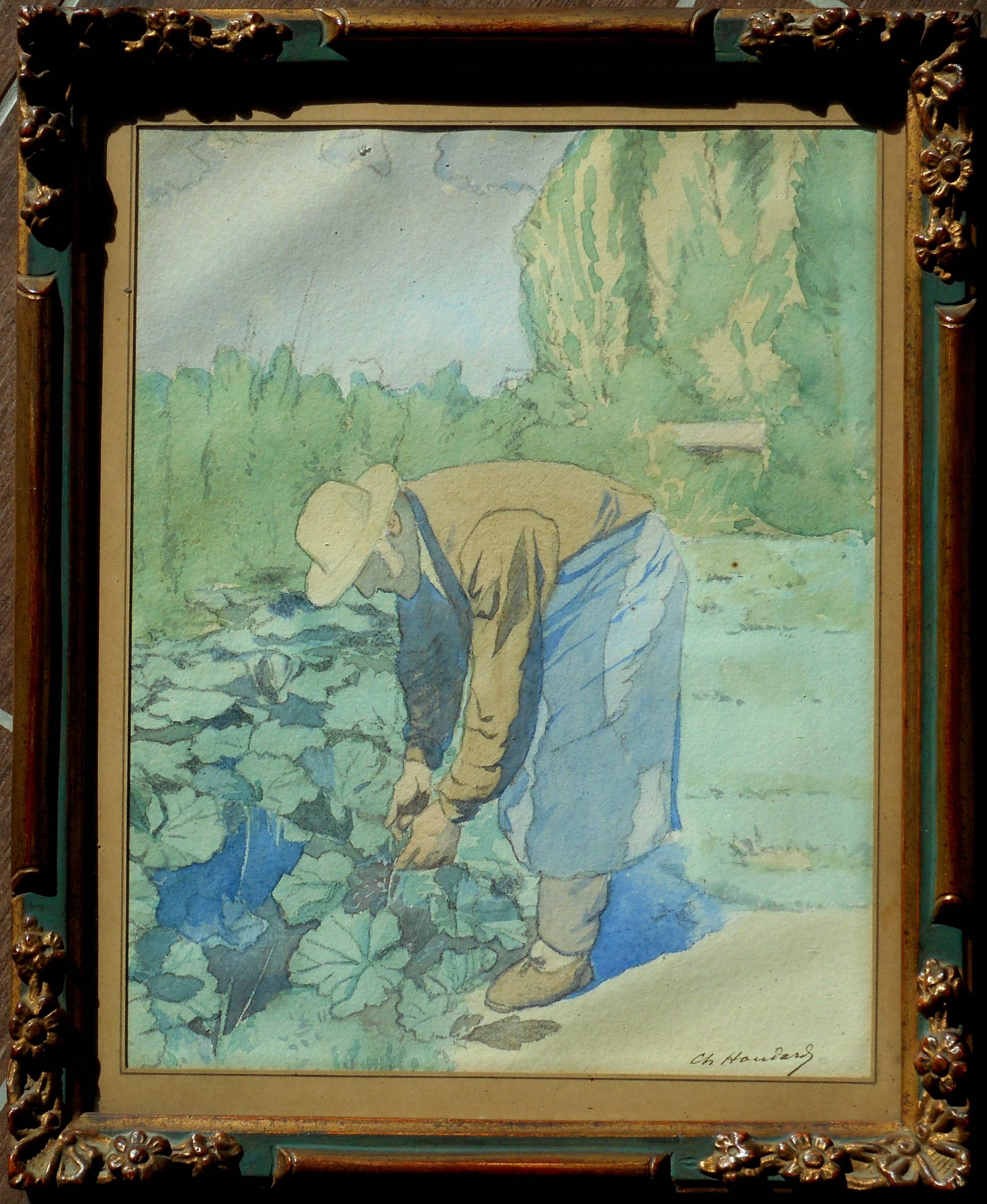 CHARLES HOUDARD aquarelle 27 x 21 cm à vue ( 33,5 x 27,5 cm enc) le jardinier
