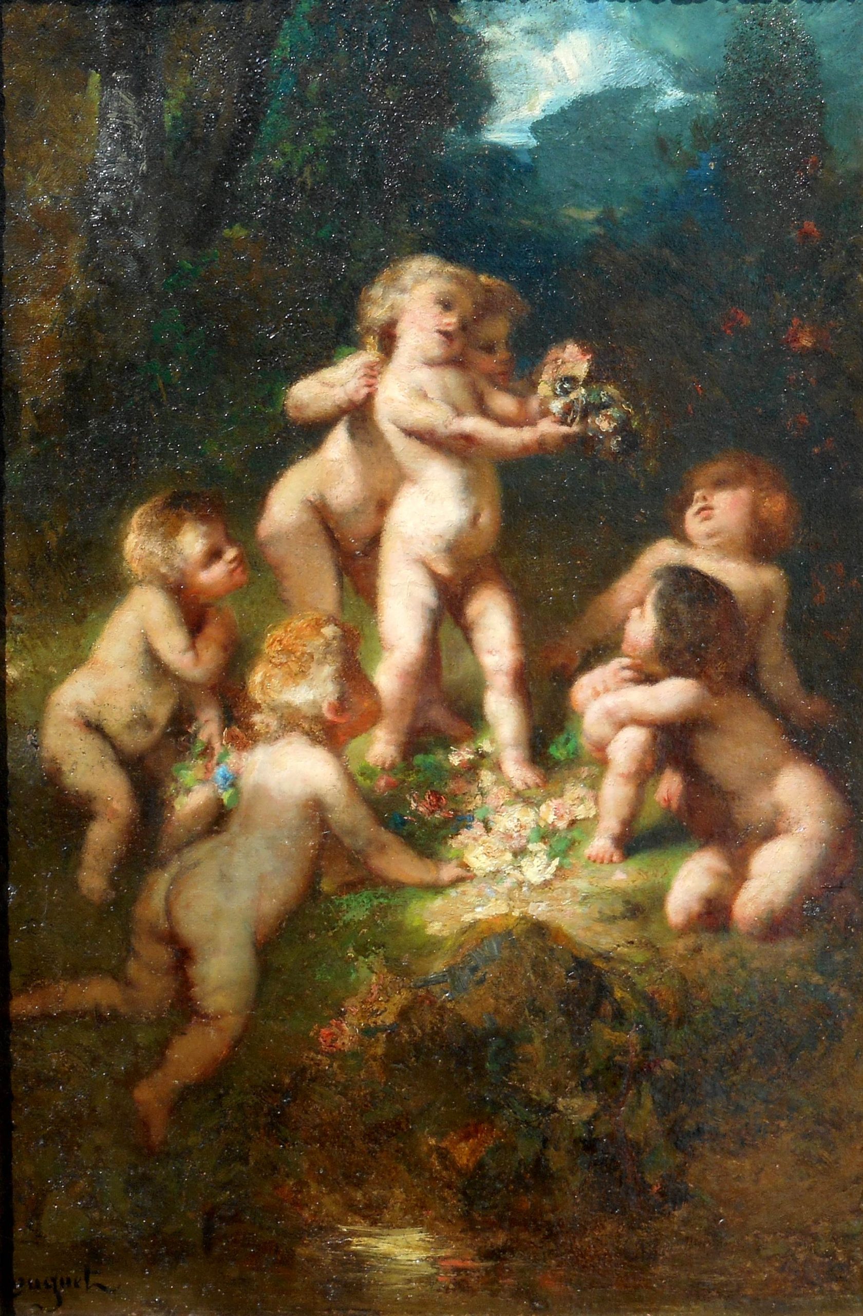 Alexandre Marie Longuet hst 50 x 34 cm chérubins réentoilage