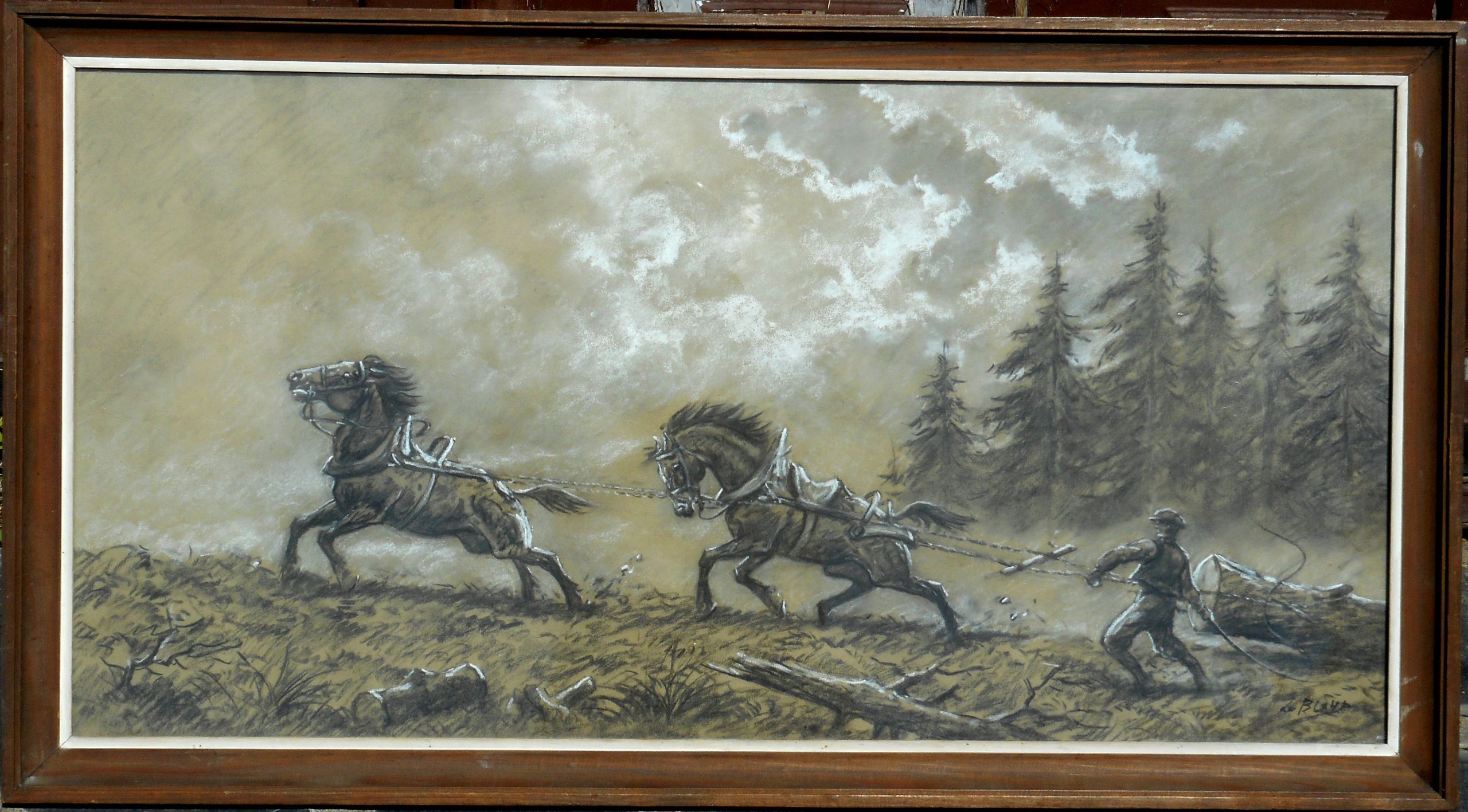 JULIEN LE BLANT fusain et craie 43x85cm (51x93cm enc) scène de débardage