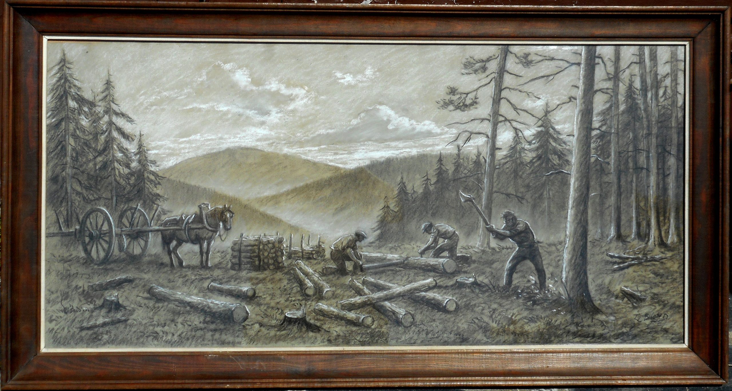 JULIEN LE BLANT fusain et craie 47x99cm (58x110cm enc) scène de bûcheronnage