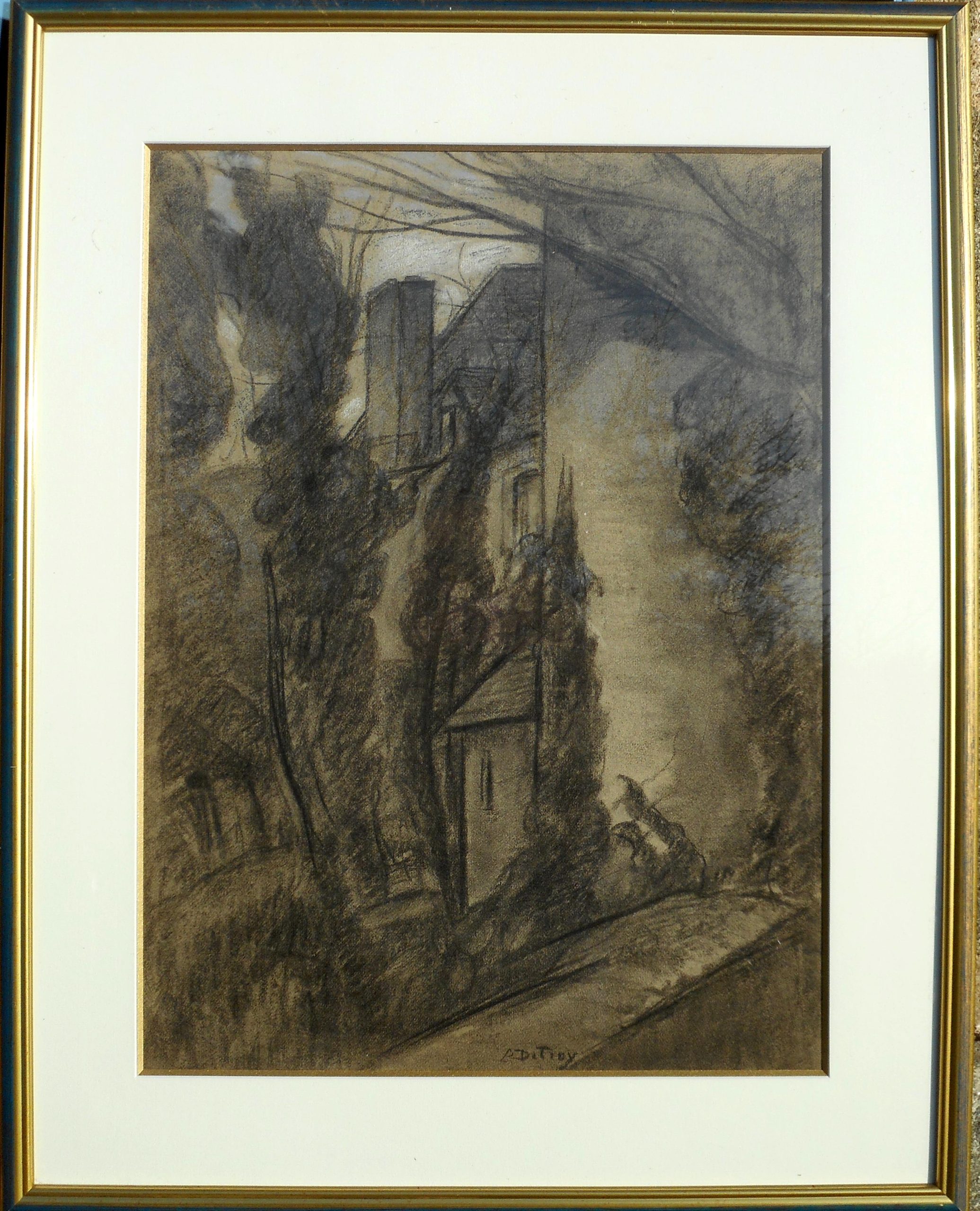 Leon DETROY fusain 58 x 42 cm (76 x 60 cm enc) le château de GARGILESSE