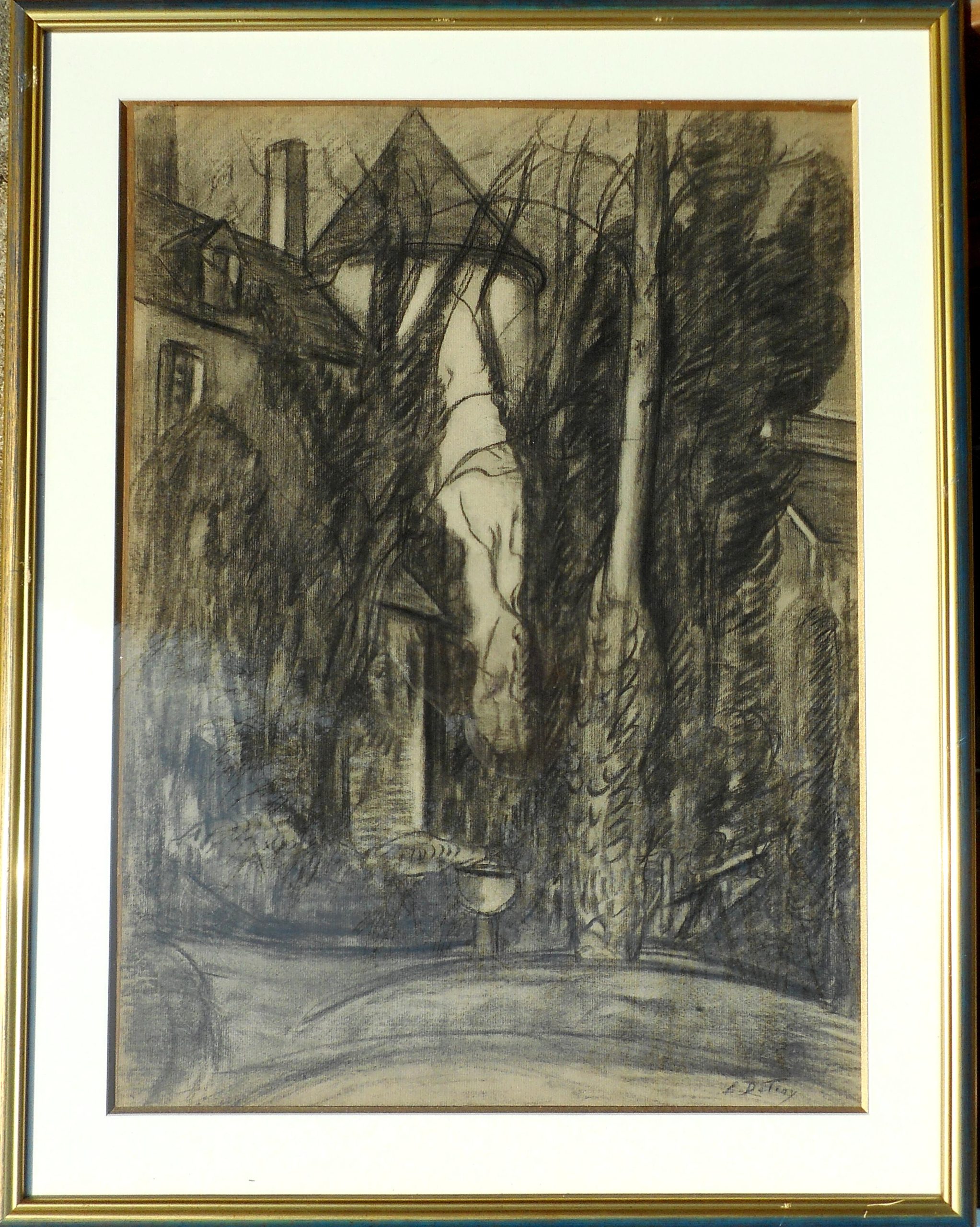Leon DETROY fusain 63 x 46 cm ( 76 x 60 cm enc) le château de GARGILESSE