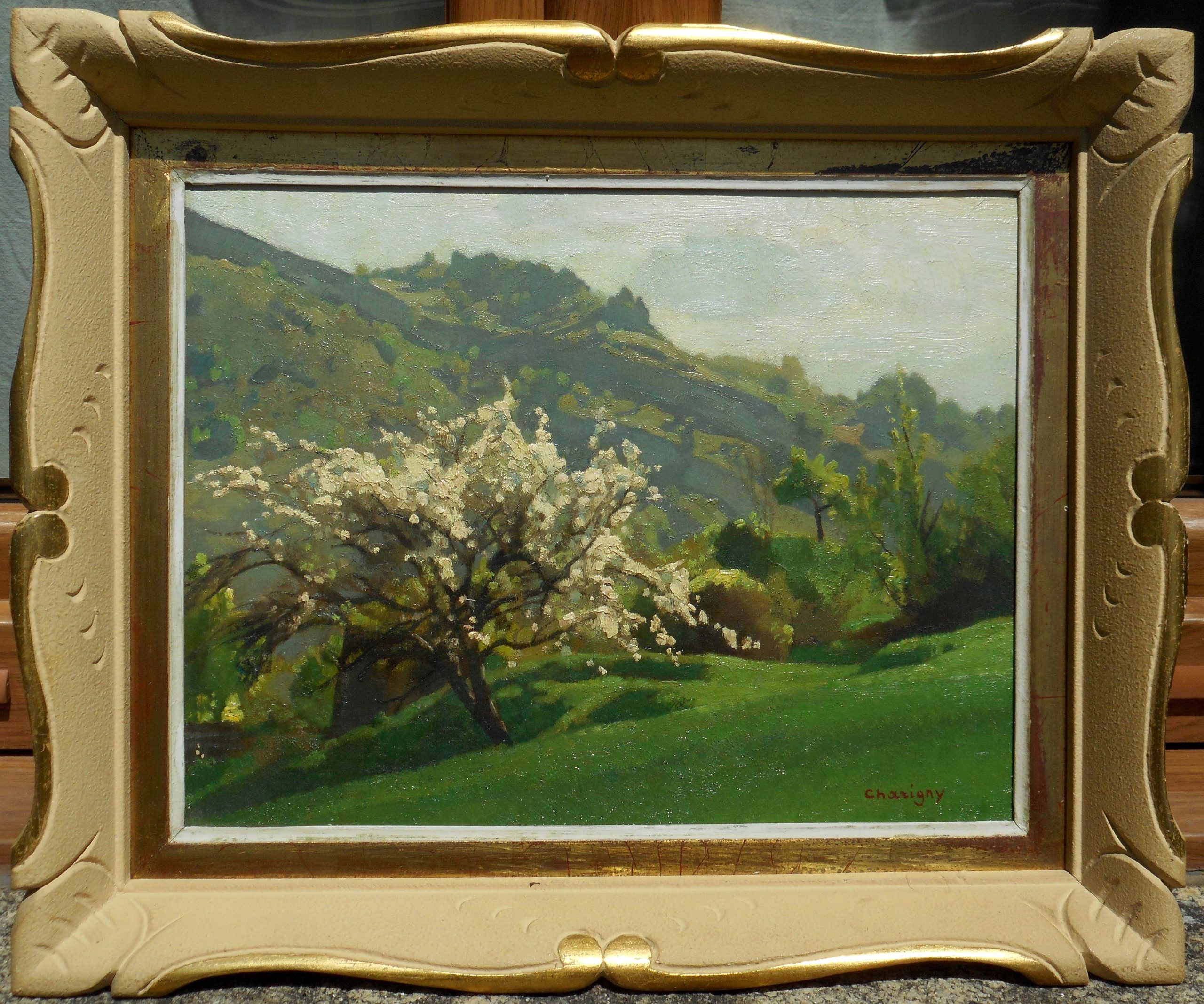André CHARIGNY hsc 27 x 35 cm (38 x 46 cm enc)les monts au printemps à FOURBANNE près de BAUME LES DAMES