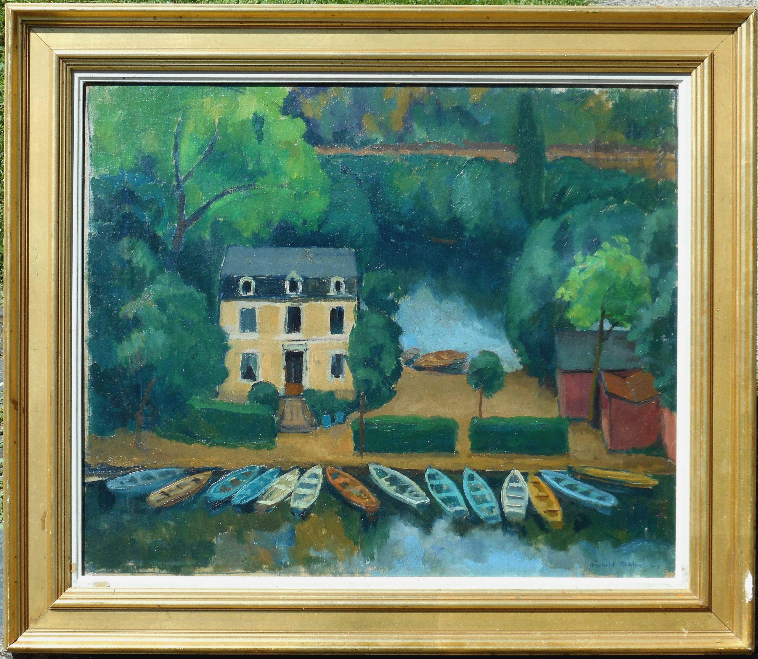 BERTOLD MAHN hstmp 54 x 65 cm ( 69 x 80 cm enc) le loueur de bâteaux le clain à POITIERS 1919