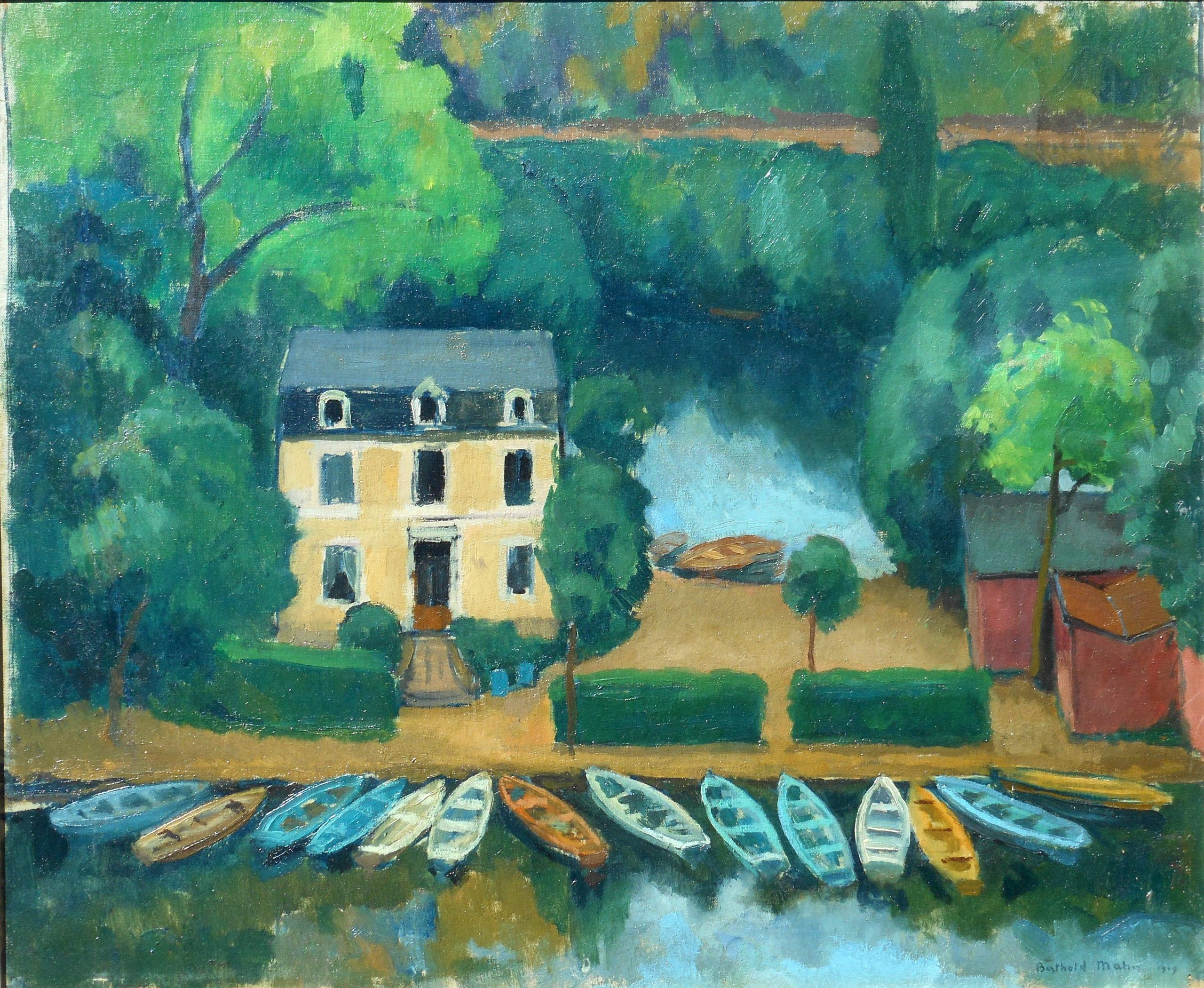 Berthold Mahn hstmp 54 x 65 cm 1919 le loueur de bâteaux sur le clain à POITIERS