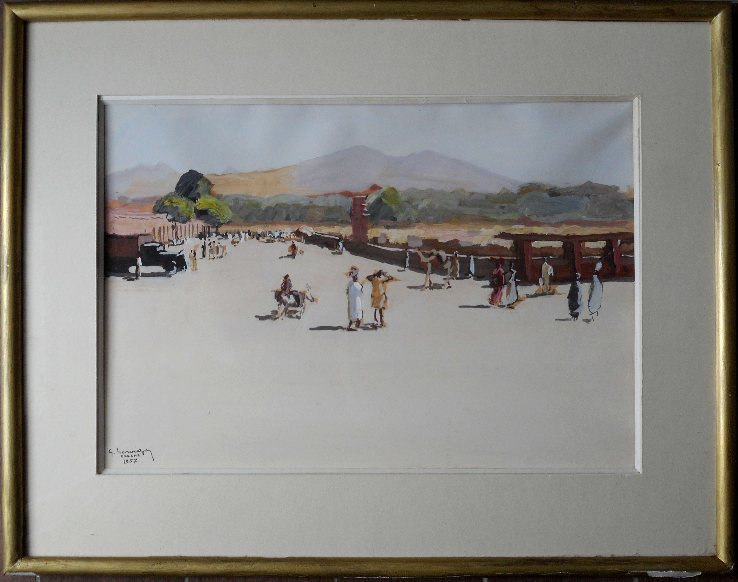 Gustave HERVIGO - gouache 38 x 54 cm (58 x 73 cm enc) Ebéché TCHAD 1957
