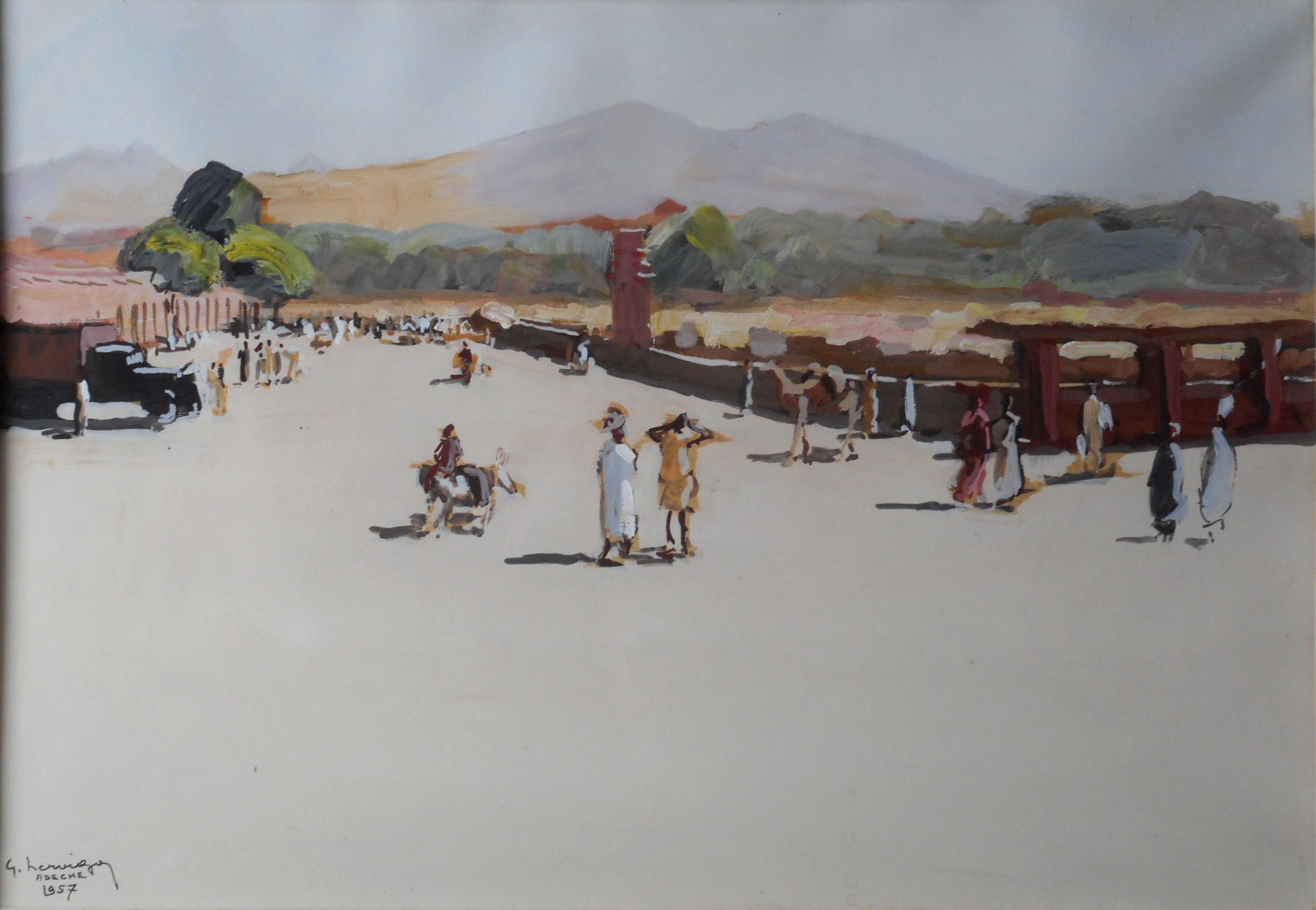 Gustave HERVIGO - gouache 38 x 54 cm - Ebéché TCHAD 1957