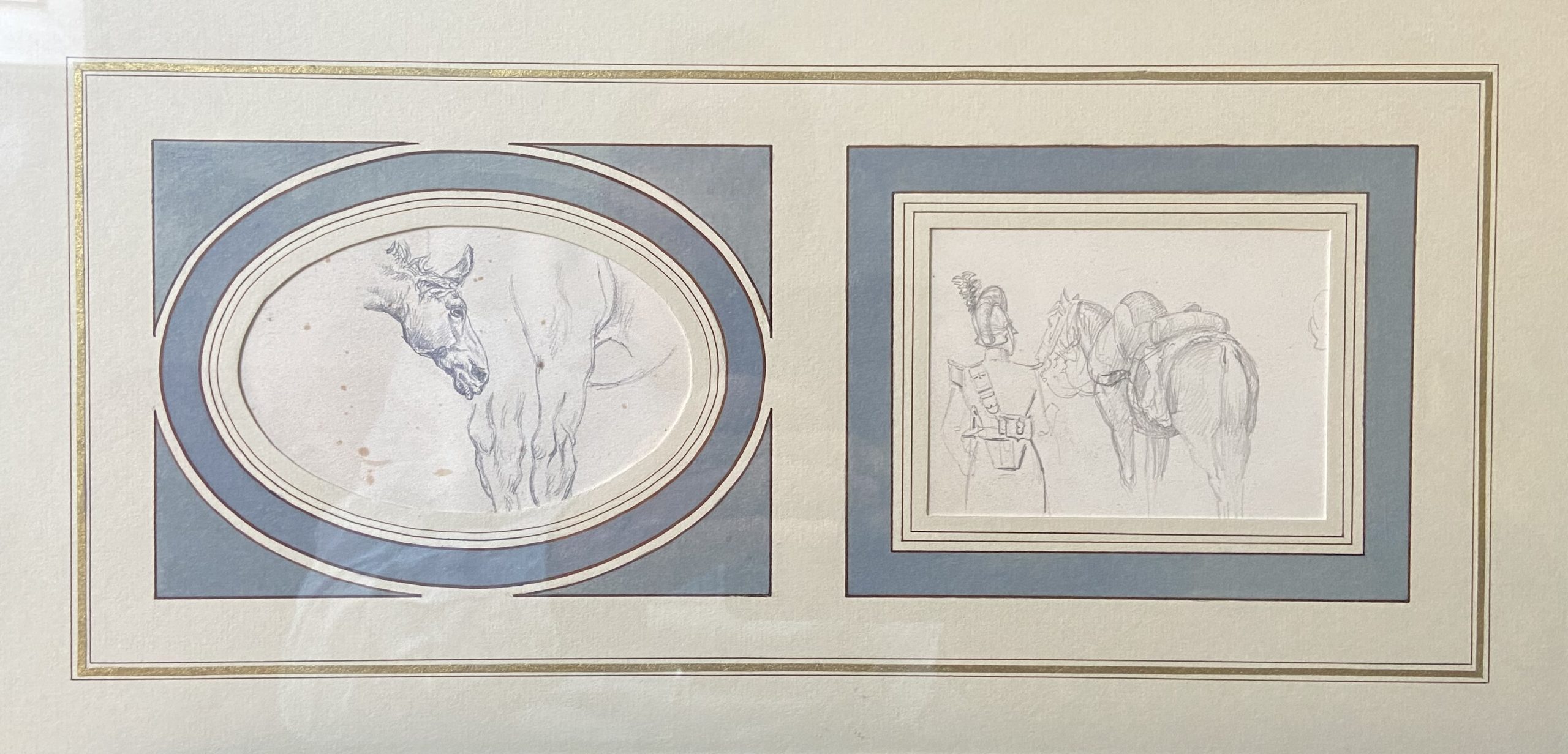 École française du XIXe siècle, études de chevaux et d’un cavalier, deux dessins