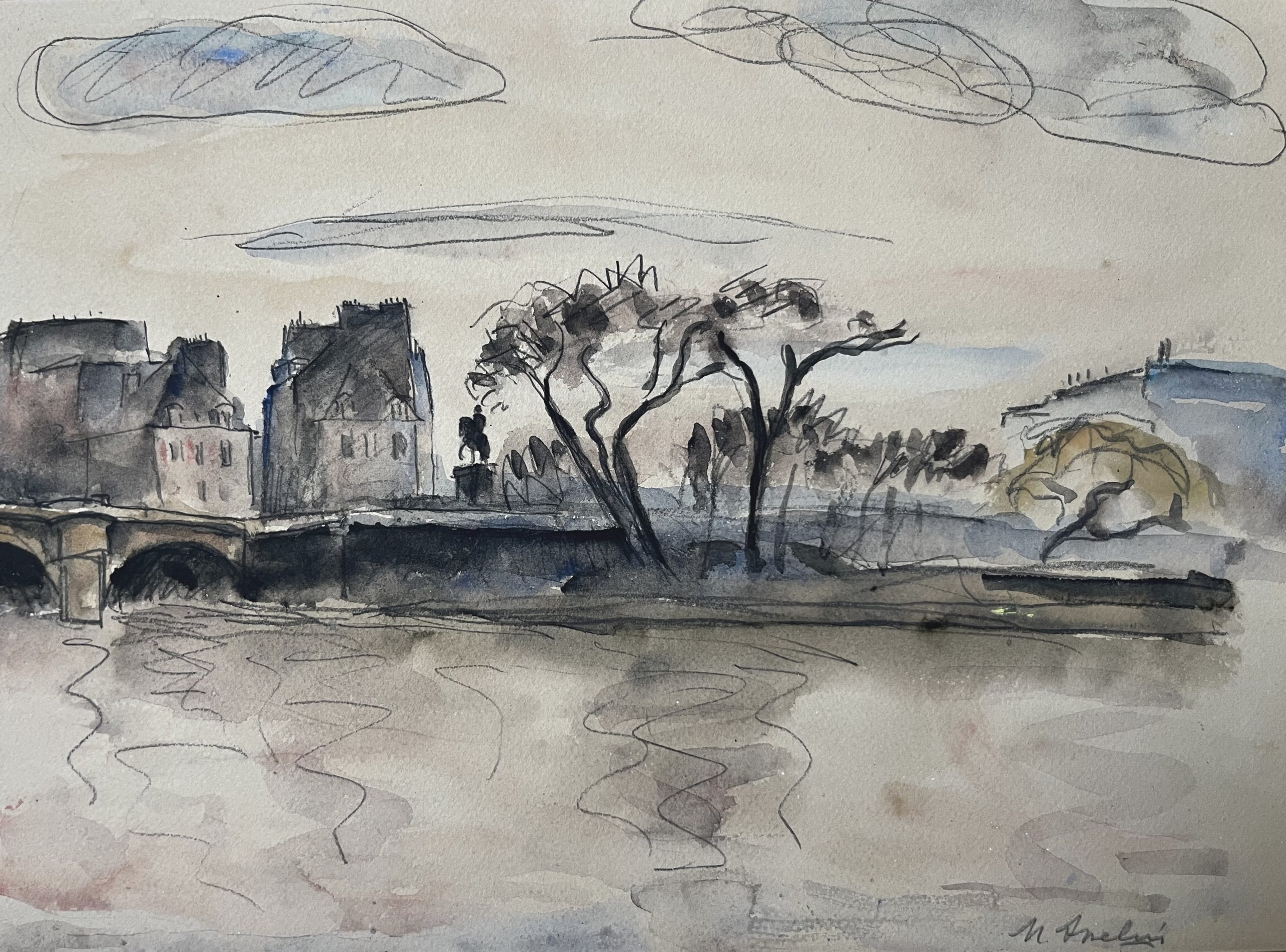 Maurice Asselin (1882–1947) Vue du Pont-Neuf depuis les quais, Paris, aquarelle signée